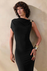 Blaire | Black Asymmetric-Neck Maxi Dress With Gold-Detailing