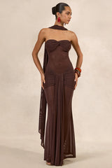 Ursa | Brown Bandeau-Neck Maxi Dress With Scarf Detail And Gathered Detailing