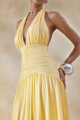 Bettina | Lemon Plunge-Neck Maxi Dress With Gathered-Detailing