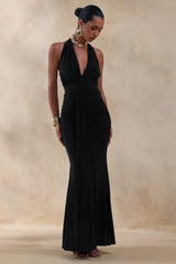 Roselani | Black Halter-Neck Maxi Dress With Open-Back
