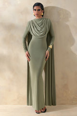 Lysoria | Olive High-Neck Maxi Dress With Draped-Detailing And Cape-Sleeves