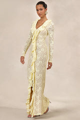 Exelia | Lemon Lace Plunge-Neck Maxi Dress With Long-Sleeves