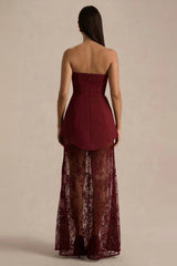 Brandi | Burgundy Bandeau Maxi Dress With Lace Skirt