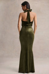 Lavernia | Olive Velvet Halter-Neck Maxi Dress With Gathered-Detailing