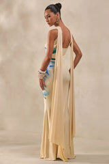 Brooke | Lemon And Blue Floral Print Bandeau Maxi Dress With Scarf