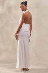 Rosetide | White Cowl-Neck Maxi Dress With Gathered-Detailing And Sash