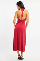 Red Halter Neck Midi Dress