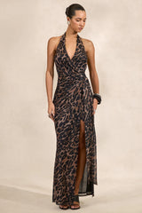 Anwen | Leopard Print Mesh V-Neck Maxi Dress With Front High Split