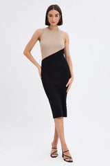 Black Midi Dress Round Neck Colour Blocked Knit