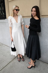 LONG SLEEVE OFF THE SHOULDER BUBBLE HEM MIDI DRESS