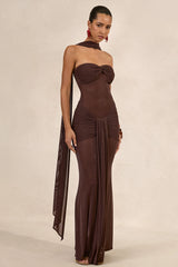 Ursa | Brown Bandeau-Neck Maxi Dress With Scarf Detail And Gathered Detailing