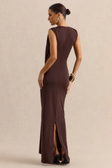 Blythia | Brown Round-Neck Maxi Dress With Gathered-Detailing