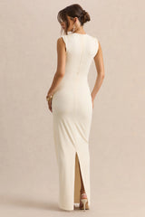 Blythia | Cream Round-Neck Maxi Dress With Gathered-Detailing
