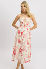 Red Abstract Midi Dress Ribbon Detail Strappy