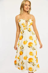 Orange Abstract Midi Dress Ribbon Detail Strappy
