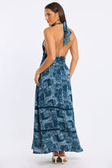 Blue Boho Maxi Dress Halter Neck