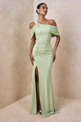 Nala | Mint Asymmetric-Neck Maxi Dress With Gathered Detailing