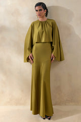 Vanthea | Olive Satin Round-Neck Maxi Dress With Cape-Sleeves