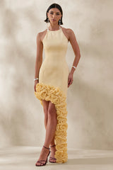 Indira | Lemon Halter-Neck Maxi Dress With Asymmetric-Floral Hem