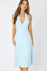 Blue Midi Dress Deep V-neck