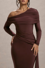 Valina | Brown Ruched Asymmetric Maxi Dress With Drape