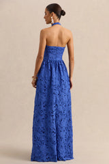 Indiana | Dark Blue Broderie Halter-Neck Maxi Dress