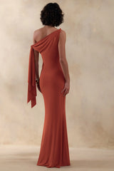 Vista | Rust Asymmetric-Neck Maxi Dress With Knot-Sleeve Detail