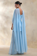 Chessa | Powder Blue Boat-Neck Maxi Dress With Sheer Cape
