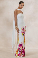 Brooke | Hot Pink And Lemon Floral Print Bandeau Neck Maxi Dress With Scarf