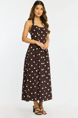 Brown Polka Dot Maxi Dress Halter Neck