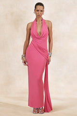 Maude | Pink Plunge-Neck Ruched Maxi Dress With Sash
