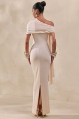 Esalina | Cream Asymmetric-Neck Maxi Dress With Sash