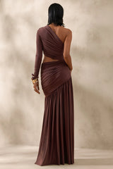 Kinsley | Brown Asymmetric-Neck Maxi Dress With Body Cut-Out Detail