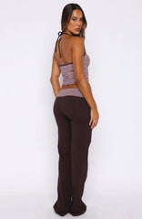 Lucky Charm Fold Over Pants Choc / Pink Stripe