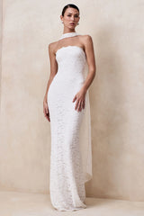 Massima | White Lace Bandeau Maxi Dress With Scarf-Detail