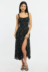 Black Ditsy Midi Dress Gathered Bust