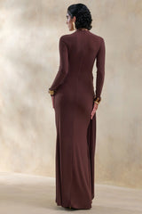 Kyrissa | Brown High-Neck Maxi Dress With Gathered-Detailing