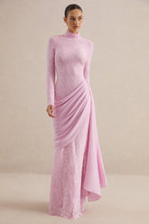 Enestra | Pink High-Neck Lace Maxi-Dress With Draped-Skirt