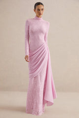 Enestra | Pink High-Neck Lace Maxi-Dress With Draped-Skirt