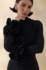 Jaselle | Black High-Neck Maxi Dress With Ruffled Satin-Cuffs