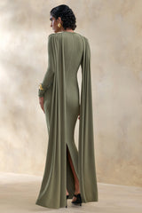 Lysoria | Olive High-Neck Maxi Dress With Draped-Detailing And Cape-Sleeves