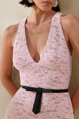 Isoria | Pink And Black Lace Halter-Neck Maxi Dress With Bow-Belt Detail