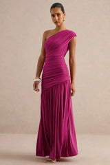 Alaya | Hot Pink Asymmetric-Neck Maxi Dress With Drop-Waist