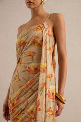 Afton | Orange Floral Mesh Asymmetric-Neck Maxi Dress With Sash Detail