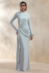 Kyrissa | Blue High-Neck Maxi Dress With Gathered-Detailing