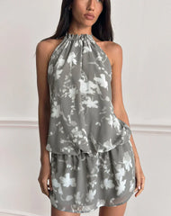 Veloria Halterneck Mini Dress in Blurred Floral Grey