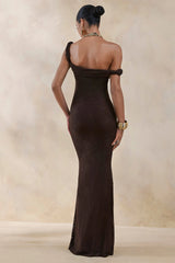 Afina | Brown Lace Asymmetric-Neck Maxi Dress