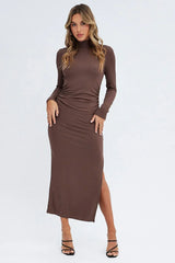 Brown Midi Dress Long Sleeve High Neck Rib Jersey