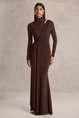 Alastrina | Brown High-Neck Maxi Dress With Gathered-Detailing