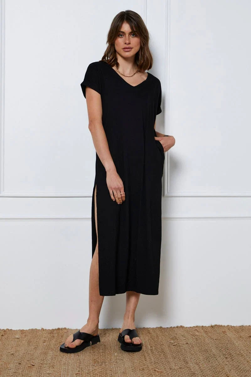 Black Maxi Dress Short Sleeve V Neck